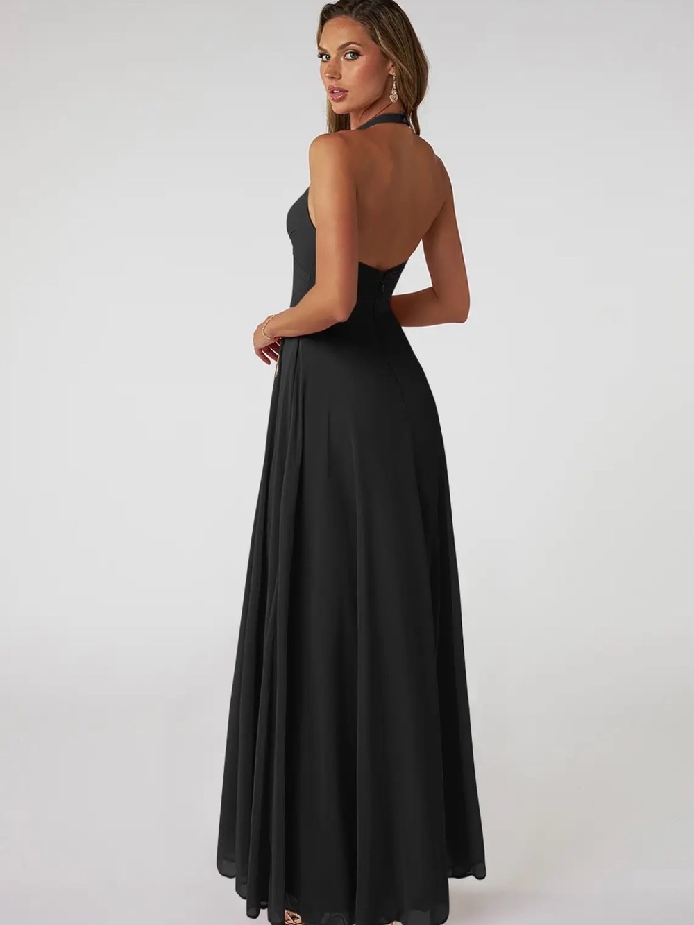 Azazie Black Tessie Halter V-Back A-Line Chiffon Dress - Picture 4 of 10